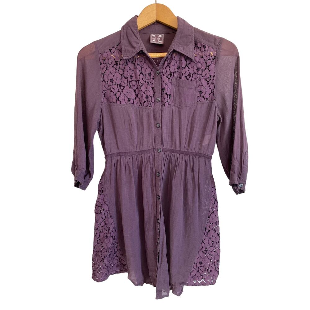Women’s Purple Lace-Panel Button-Front Shirt Dress